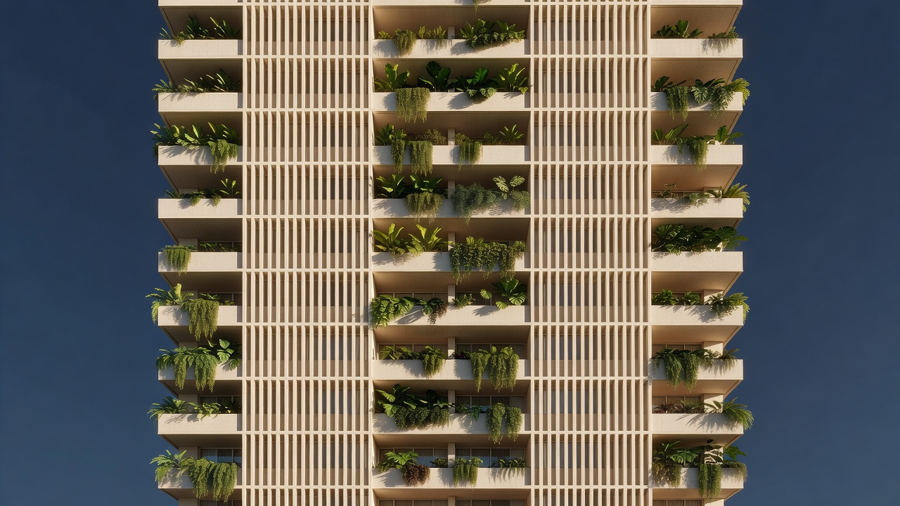 Fachada modernista de edifício residencial ao entardecer